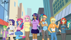 Size: 1024x576 | Tagged: dead source, safe, artist:teammagix, applejack, fluttershy, pinkie pie, rainbow dash, rarity, spike, sunset shimmer, twilight sparkle, equestria girls, alternate design, city, clothes, human coloration, human spike, humane seven, humane six, humanized, magic, mane seven, mane six, manehattan, skirt