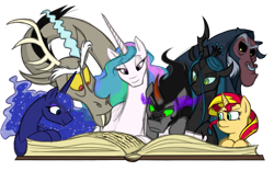 Size: 1024x638 | Tagged: safe, artist:dubsteppegasister, artist:mickeymonster, derpibooru import, discord, king sombra, lord tirek, princess celestia, princess luna, queen chrysalis, sunset shimmer, alicorn, changeling, changeling queen, pony, antagonist, book, derpibooru, missing accessory, reading