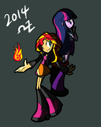 Size: 700x875 | Tagged: safe, artist:rvceric, sunset shimmer, twilight sparkle, equestria girls, clothes, fiery shimmer, fire, magic, pyromancy, simple background, skirt