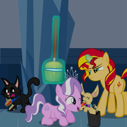 Size: 1635x1635 | Tagged: safe, artist:magerblutooth, diamond tiara, sunset shimmer, oc, oc:dazzle, cat, dog, earth pony, pony, unicorn, bag, hallway, licking