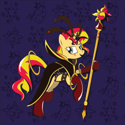 Size: 1500x1500 | Tagged: safe, artist:peichenphilip, sunset shimmer, pony, unicorn, clothes, cutie mark, solo, staff