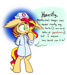 Size: 850x950 | Tagged: safe, artist:heir-of-rick, sunset shimmer, pony, unicorn, bipedal, dialogue, impossibly large ears, nurse, solo, this will end in tears, this will end in tears and/or death, this will not end well
