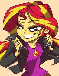 Size: 815x1045 | Tagged: safe, artist:lunchie, artist:varemia, sunset shimmer, equestria girls, rainbow rocks, clothes, colored, female, grin, jacket, leather jacket, skirt, solo, swag, trace