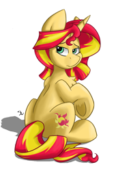 Size: 751x1084 | Tagged: safe, artist:luximus17, sunset shimmer, pony, unicorn, chest fluff, female, looking at you, looking back, looking back at you, mare, rear view, simple background, sitting, solo, transparent background