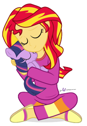 Size: 360x520 | Tagged: safe, artist:dm29, sunset shimmer, twilight sparkle, pony, equestria girls, rainbow rocks, clothes, crossed legs, cuddling, cute, duo, eyes closed, filly, holding a pony, julian yeo is trying to murder us, pajamas, pony pet, shimmerbetes, simple background, sitting, slippers, smiling, snuggling, square crossover, transparent background