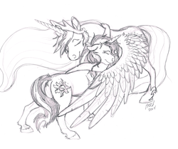 Size: 1188x992 | Tagged: safe, artist:carnivorouscaribou, princess celestia, sunset shimmer, alicorn, pony, unicorn, forgiveness, four-limbed hug, hug, monochrome, pencil drawing, sketch, traditional art, unshorn fetlocks, winghug