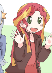 Size: 368x511 | Tagged: safe, artist:gyaheung, sunset shimmer, human, equestria girls, blushing, cropped, cute, happy, humanized, looking at you, nichijou, open mouth, shimmerbetes, smiling, solo focus, waving