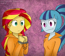 Size: 961x832 | Tagged: safe, artist:jayivee, sonata dusk, sunset shimmer, equestria girls, clothes, cuffs, hand cuffs, prison outfit, prisoner