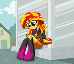 Size: 1433x1235 | Tagged: safe, artist:drinkyourvegetable, sunset shimmer, equestria girls, rainbow rocks, book, diary, journey book, portal to equestria, solo, statue, writing