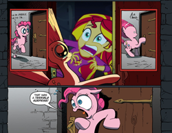 Size: 500x388 | Tagged: safe, edit, edited screencap, screencap, pinkie pie, sunset shimmer, equestria girls, rainbow rocks, comic, crossing the memes, exploitable meme, meme, sunset screamer, surprise door