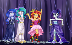 Size: 2500x1574 | Tagged: safe, artist:lucy-tan, princess celestia, princess luna, principal celestia, rarity, sunset shimmer, vice principal luna, equestria girls, 101 dalmatians, clothes, cruella de vil, cutie mark, cutie mark on clothes, dress, parody, running makeup, spring fling, wet, wet hair