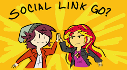 Size: 1344x745 | Tagged: safe, artist:nayaasebeleguii, normal norman, sunset shimmer, equestria girls, /mlp/, background human, colored, hiimdaisy, hilarious in hindsight, persona, persona 4, social link, sweat