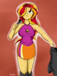 Size: 1200x1600 | Tagged: safe, artist:dinobirdofdoom, sunset shimmer, equestria girls, rainbow rocks, breasts, clothes, female, microphone, scene interpretation, skirt, solo, the coats are off, welcome to the show