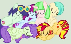 Size: 757x471 | Tagged: safe, artist:imtailsthefoxfan, blueberry cake, drama letter, mystery mint, starlight, sunset shimmer, tennis match, watermelody, pony, background human, folded wings, patricia water melody, snuggling