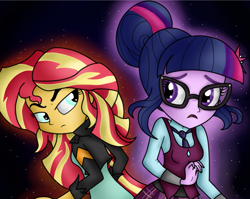 Size: 745x593 | Tagged: safe, artist:rainbowdashart101, sci-twi, sunset shimmer, twilight sparkle, equestria girls, friendship games, clothes, crystal prep academy, crystal prep academy uniform, crystal prep shadowbolts, duo, glasses, leather jacket, looking at each other, looking back, open mouth, raised eyebrow, scene interpretation, school uniform