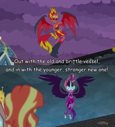 Size: 729x798 | Tagged: safe, screencap, midnight sparkle, sci-twi, sunset satan, sunset shimmer, twilight sparkle, equestria girls, friendship games, kingdom hearts, midnightsatan, quote, xehanort