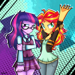 Size: 1000x1000 | Tagged: safe, artist:twilytrinky, sci-twi, sunset shimmer, twilight sparkle, equestria girls, friendship games, clothes, crystal prep academy, crystal prep academy uniform, crystal prep shadowbolts, duo, glasses, leather jacket, school uniform, skirt