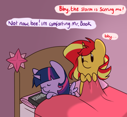 Size: 1280x1177 | Tagged: dead source, safe, artist:estrill, sunset shimmer, twilight sparkle, twilight sparkle (alicorn), alicorn, pony, astraphobia, bae, bby, bed, dialogue, eyes closed, female, hug, lesbian, mare, sad, shipping, smiling, speech bubble, sunsetsparkle, that pony sure does love books