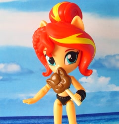 Size: 1620x1685 | Tagged: safe, artist:whatthehell!?, sunset shimmer, equestria girls, beach, candy, clothes, doll, equestria girls minis, food, irl, lollipop, merchandise, photo, ponied up, swimsuit, toy