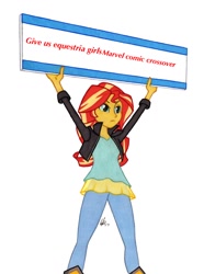 Size: 950x1278 | Tagged: safe, artist:manly man, derpibooru exclusive, sunset shimmer, equestria girls, crossover, exploitable meme, female, make it happen, marvel, meme, sign, simple background, solo, sunset's board, white background