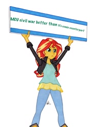 Size: 950x1278 | Tagged: safe, artist:manly man, sunset shimmer, equestria girls, captain america: civil war, exploitable meme, female, marvel, marvel cinematic universe, meme, movie vs comic, sign, simple background, solo, sunset's board, white background