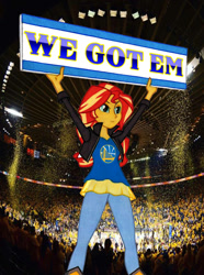 Size: 950x1278 | Tagged: safe, artist:manly man, edit, sunset shimmer, equestria girls, basketball, cleveland cavaliers, exploitable meme, golden state warriors, meme, nba, nba finals, photo, sign, solo, sports, sunset's board, traditional art