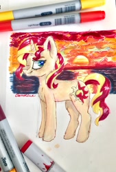 Size: 1947x2875 | Tagged: safe, artist:twilydork, sunset shimmer, pony, fluffy, ocean, reflection, solo, sunset, traditional art, water