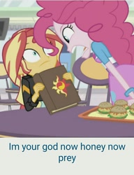 Size: 998x1301 | Tagged: safe, edit, edited screencap, screencap, pinkie pie, sunset shimmer, equestria girls, mirror magic, spoiler:eqg specials, book, canterlot mall, dc comics, dc universe abridged, food, reference