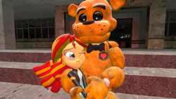 Size: 708x399 | Tagged: safe, artist:sky chaser, sunset shimmer, equestria girls, 3d, animatronic, five nights at freddy's, golden freddy, one eye closed, source filmmaker, wink