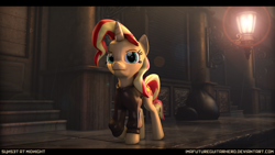 Size: 9600x5400 | Tagged: safe, artist:imafutureguitarhero, sunset shimmer, pony, unicorn, 3d, absurd resolution, adidas, clothes, hoodie, lamp, lens flare, night, rain, raised eyebrow, reflection, rubbish, sidewalk, solo, source filmmaker, street, tracksuit, walking, wallpaper, wet