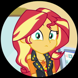 Size: 521x521 | Tagged: safe, screencap, sunset shimmer, better together, equestria girls, schedule swap, computer, cropped, ending, female, geode of empathy, looking at you, magical geodes, raised eyebrow, solo