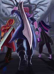 Size: 945x1294 | Tagged: safe, artist:animana21, starlight glimmer, sunset shimmer, twilight sparkle, equestria girls, book, boots, clothes, coat, counterparts, dante (devil may cry), devil may cry, devil may cry 5, fingerless gloves, gloves, hat, magical trio, nero (devil may cry), rebellion (devil may cry), red queen, shoes, sword, toque, twilight's counterparts, v (devil may cry), weapon