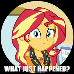 Size: 521x521 | Tagged: safe, screencap, sunset shimmer, better together, equestria girls, schedule swap, computer, cropped, ending, female, geode of empathy, looking at you, magical geodes, raised eyebrow, solo, text, what just happened