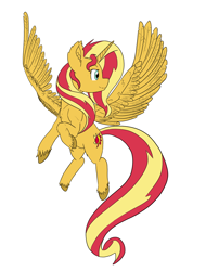 Size: 1000x1318 | Tagged: safe, artist:alloco, sunset shimmer, alicorn, pony, alicornified, female, flying, large wings, mare, race swap, shimmercorn, simple background, solo, unshorn fetlocks, white background, wings