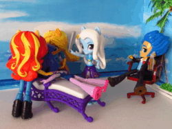 Size: 680x510 | Tagged: safe, artist:whatthehell!?, applejack, flash sentry, sci-twi, sunset shimmer, trixie, twilight sparkle, better together, equestria girls, animated, beach, boots, chair, clothes, doll, equestria girls minis, eqventures of the minis, family guy, punishment, shoes, spanking, swimsuit, toy, tuxedo