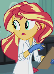 Size: 382x527 | Tagged: safe, screencap, sunset shimmer, equestria girls, friendship games, the science of magic, clipboard, clothes, cropped, gloves, lab coat, latex, pencil, rubber gloves, solo, sunset the science gal
