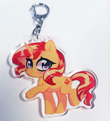 Size: 3024x3326 | Tagged: safe, artist:techycutie, sunset shimmer, pony, unicorn, equestria girls, chibi, fan made, female, irl, keychain, mare, photo, raised hoof, smiling, solo