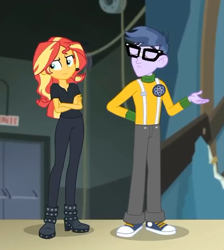 Size: 554x619 | Tagged: safe, screencap, microchips, sunset shimmer, all the world's off stage, all the world's off stage: micro chips, better together, equestria girls, boots, clothes, converse, cropped, cyoa, female, glasses, male, pants, shoes, sneakers