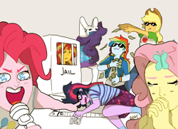 Size: 1000x723 | Tagged: safe, artist:kittycoot, applejack, fluttershy, pinkie pie, rainbow dash, rarity, sci-twi, sunset shimmer, twilight sparkle, better together, equestria girls, cardboard prison, clothes, draw the squad, female, jail, mane six, meme, microphone, money, monopoly, sunglasses