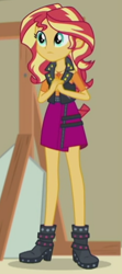 Size: 228x512 | Tagged: safe, screencap, sunset shimmer, better together, constructive criticism, equestria girls, boots, clothes, cropped, female, geode of empathy, jacket, shoes, skirt, solo