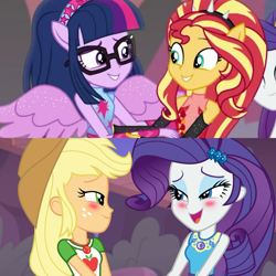 Size: 1080x1080 | Tagged: safe, screencap, applejack, rarity, sci-twi, sunset shimmer, twilight sparkle, better together, equestria girls, forgotten friendship, rollercoaster of friendship, blushing, context is for the weak, female, geode of shielding, geode of super strength, magical geodes, out of context, ponied up, scitwilicorn, shipping fuel, super ponied up