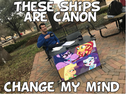 Size: 841x630 | Tagged: safe, edit, edited screencap, screencap, applejack, rarity, sci-twi, sunset shimmer, twilight sparkle, better together, equestria girls, forgotten friendship, rollercoaster of friendship, blushing, change my mind, drama bait, female, headcanon, irl, lesbian, meme, mugclub, photo, ponied up, rarijack, scitwishimmer, shipper on deck, shipping, shipping fuel, steven crowder, sunsetsparkle