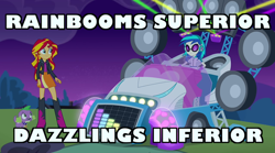 Size: 640x357 | Tagged: safe, edit, edited screencap, screencap, dj pon-3, spike, sunset shimmer, vinyl scratch, equestria girls, rainbow rocks, bassmobile, boots, caption, car, clothes, headphones, high heel boots, meme, skirt, soundscratch, soundwave, sunglasses, transformers