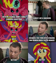 Size: 640x719 | Tagged: safe, edit, edited screencap, screencap, sunset satan, sunset shimmer, human, equestria girls, rainbow rocks, comic, image macro, meme, snickers, you're not you when you're hungry