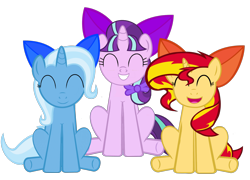 Size: 3805x2737 | Tagged: dead source, safe, artist:comfydove, starlight glimmer, sunset shimmer, trixie, pony, unicorn, bow, cute, diatrixes, eyes closed, glimmerbetes, grin, hair bow, happy, magical trio, open mouth, ribbon, shimmerbetes, simple background, sitting, smiling, transparent background, underhoof, vector
