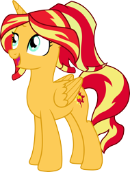 Size: 3000x3941 | Tagged: safe, artist:theshadowstone, sunset shimmer, alicorn, pony, alicornified, alternate hairstyle, open mouth, shimmercorn, simple background, solo, transparent background, vector