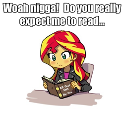 Size: 458x416 | Tagged: safe, artist:baekgup, edit, sunset shimmer, equestria girls, blushing, book, chair, didn't read, frown, image macro, meme, nigga, racial slur, reaction image, reading, sitting, tl;dr, vulgar, wide eyes