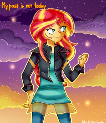 Size: 936x1080 | Tagged: safe, artist:lelka-philka, sunset shimmer, equestria girls, my past is not today, rainbow rocks, clothes, fist, happy, jacket, leather jacket, pants, solo