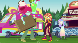 Size: 1920x1080 | Tagged: safe, screencap, snow flower, sunset shimmer, better together, equestria girls, sunset's backstage pass!, crying, food truck, music festival outfit, oxford brush, sleeveless