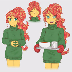 Size: 3582x3582 | Tagged: safe, artist:dragonemperror2810, sunset shimmer, human, equestria girls, anime, bottomless, clothes, coffee, cup, cute, eye clipping through hair, eyes closed, female, food, high res, open mouth, oven mitts, partial nudity, shimmerbetes, simple background, solo, soup, sweater, tray, white background, winter